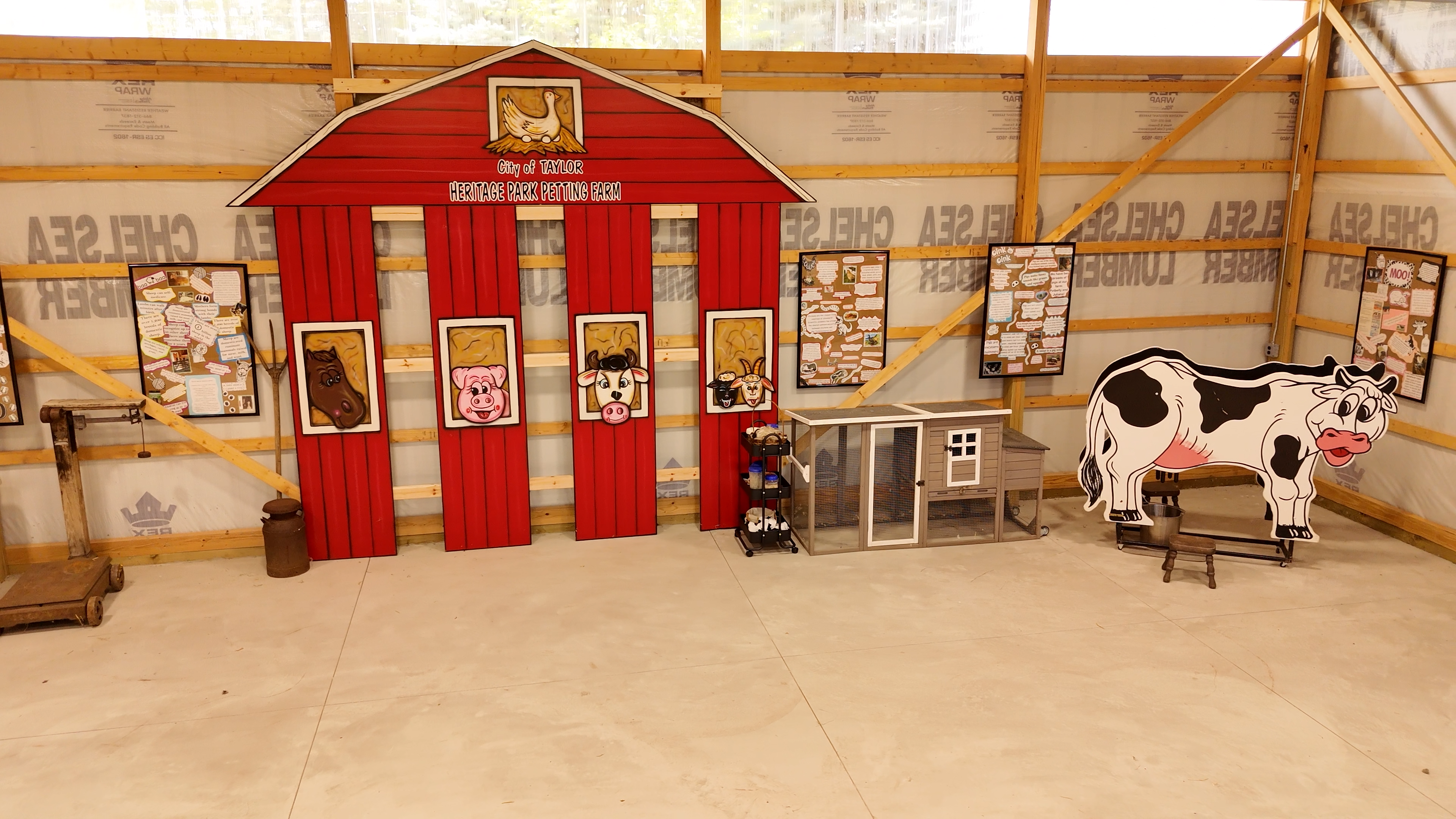 Benches and pretend milking cow set up for a school tour. 